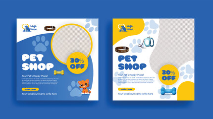 Pet shop and veterinary clinic social media post banner template, promotional ad or square flyer or poster template with dog and cat illustration background design