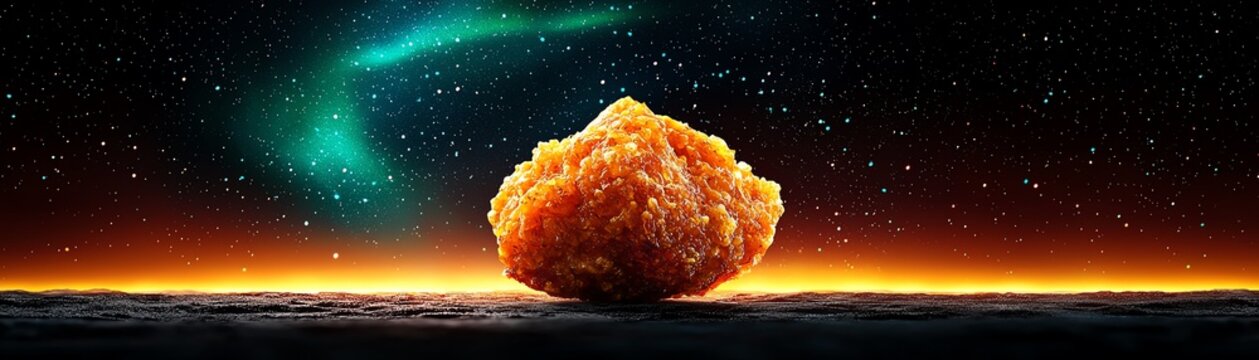 Icelandic hakarl with rye bread, dramatic volcanic landscapes under the Northern Lights