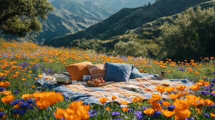 Cozy outdoor seating arrangement with cushions and drinks in a blooming meadow