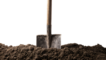 shovel in the ground isolated on white background.AI GENERATED