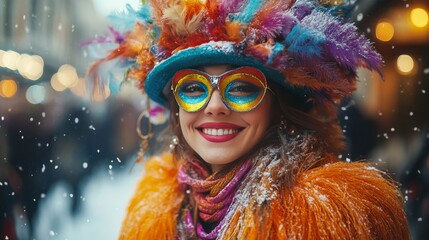 Colorful carnival celebration with a smiling woman wearing vibrant costume in snowy setting