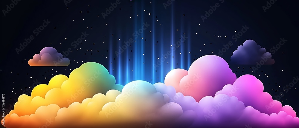 Poster colorful sky with clouds and stars. the sky is filled with a rainbow of colors and the clouds are of