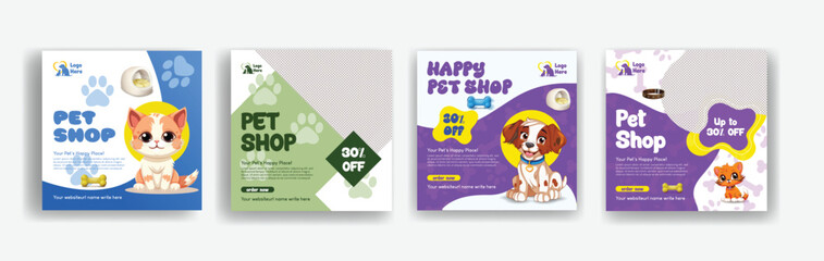 Pet shop and veterinary clinic social media post banner template, promotional ad or square flyer or poster template with dog and cat illustration background design