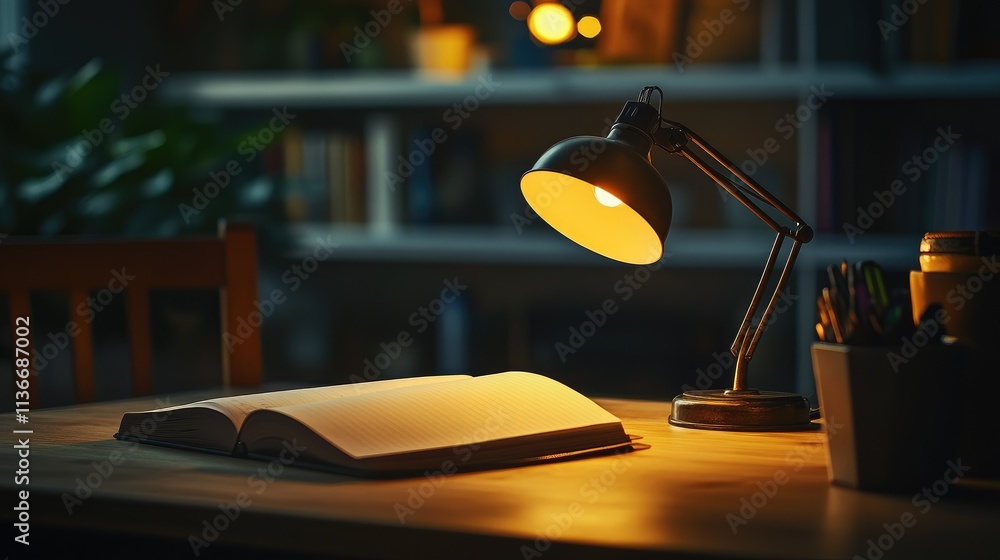 Poster a magnified view of a desk lamp with an adjustable arm, illuminating an open notebook