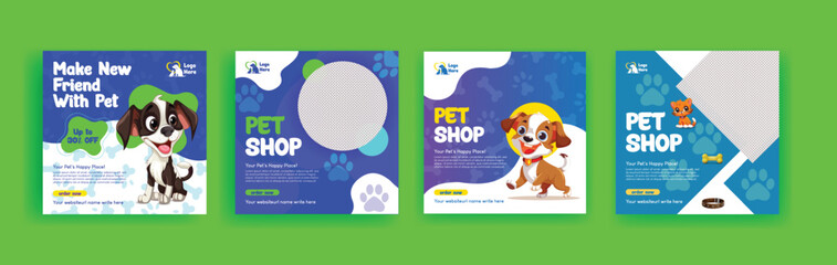 Pet shop, veterinary clinic, pet grooming, pet clinic social media post, banner, ads and advertising template with dog and cat illustration background design