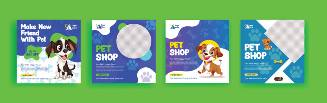 Pet shop, veterinary clinic, pet grooming, pet clinic social media post, banner, ads and advertising template with dog and cat illustration background design