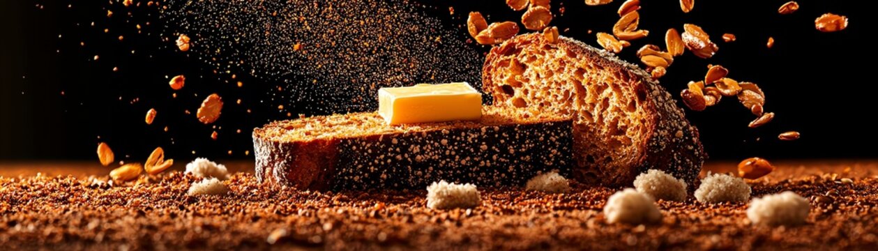 Irish barmbrack bread sliced with butter, countryside fields dotted with sheep under a soft drizzle