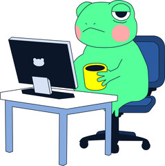 Tired Frog Working In Front Of Laptop Vector Illustration