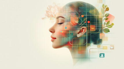 A digital artwork shows a woman's profile merged with vibrant geometric shapes, representing the fusion of nature and technology in her mind.
