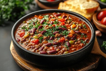 A bowl of chili with beans and vegetables