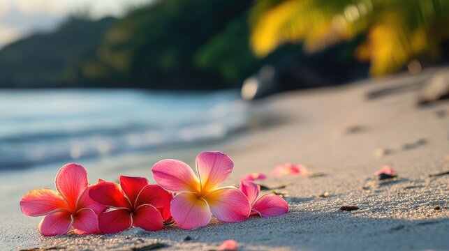 Pink Plumeria Flowers Resting on a Sandy Beach