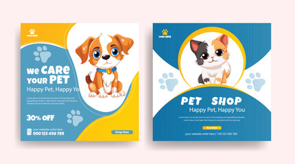 Pet shop, veterinary clinic, pet grooming, pet clinic social media post, banner, ads and advertising template with dog and cat illustration background design