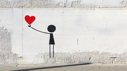 Minimalist street art featuring a stick figure holding a red heart against a textured white wall, symbolizing love and connection in urban environments.