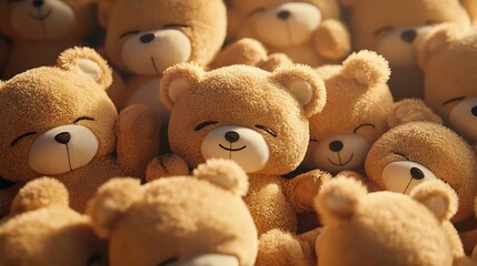 Many smiling teddy bears are piled up together