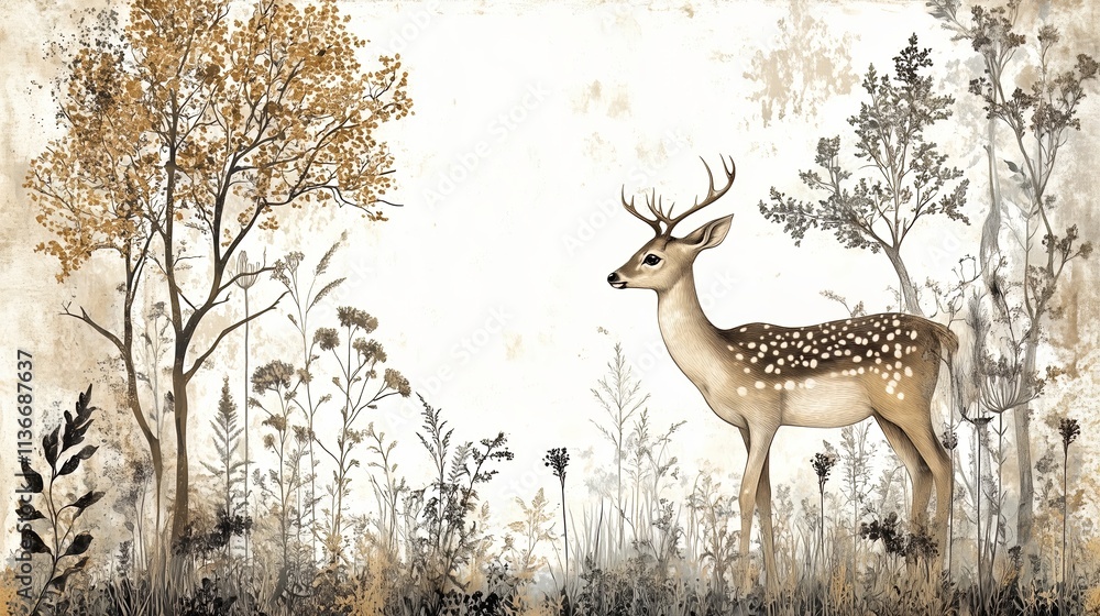 Poster deer is standing in a field of grass with trees in the background. the image has a peaceful and sere