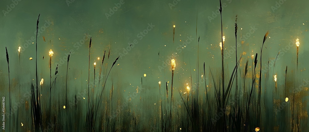 Poster field of tall grass with many small lights in it. the lights are scattered throughout the field, cre