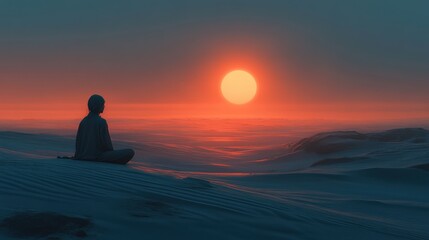Solitary Figure Meditates During Desert Sunset