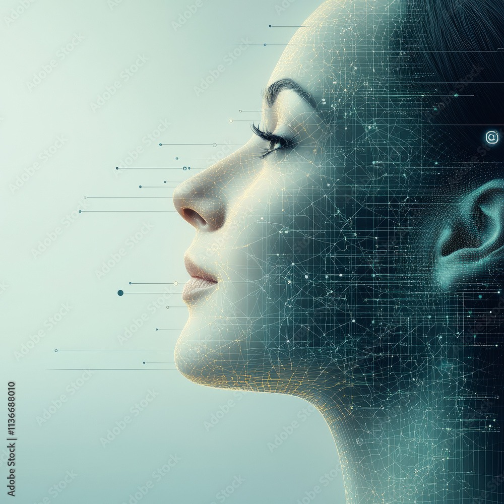 Poster a futuristic digital portrait of a woman's profile, merging with intricate network patterns, symboli