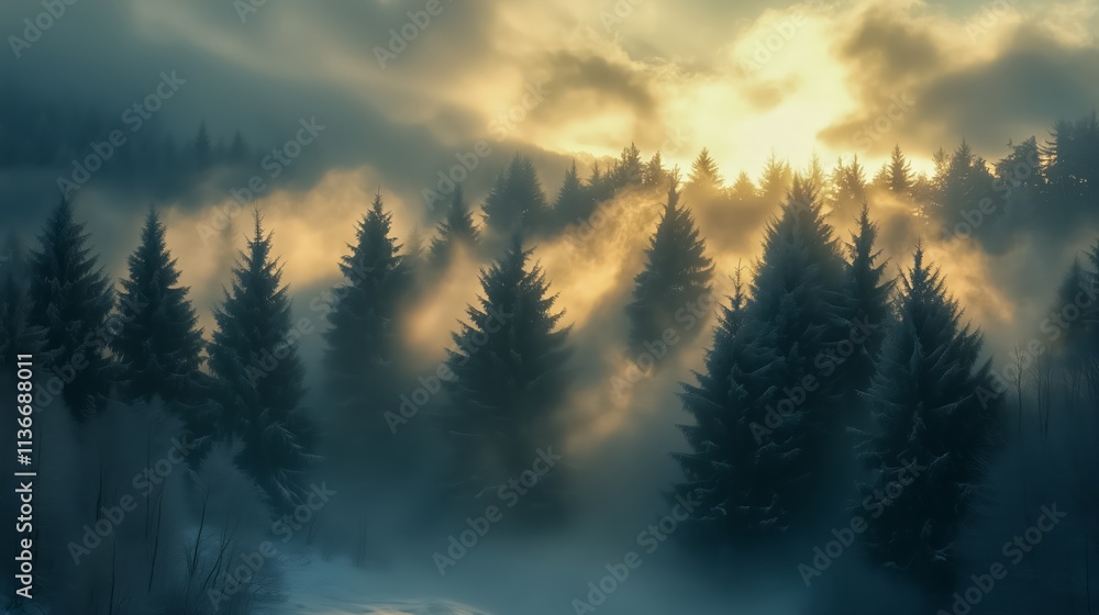Poster forest with foggy trees and a cloudy sky. the misty atmosphere creates a serene and peaceful mood, a