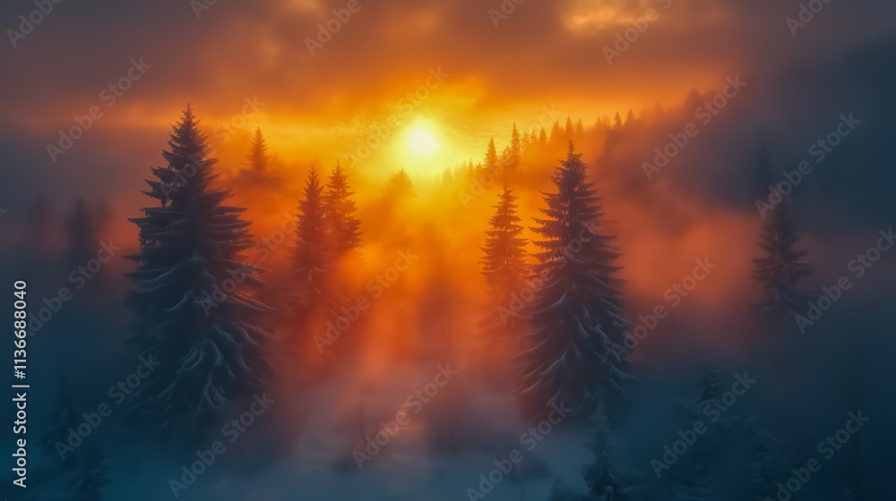 Poster forest with trees covered in fog and a sun shining through the trees. the sun is setting and the sky