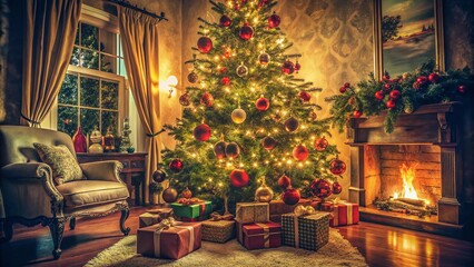 Obraz premium Vintage Christmas Tree & Presents: Festive Living Room Decor, Holiday Season Photo