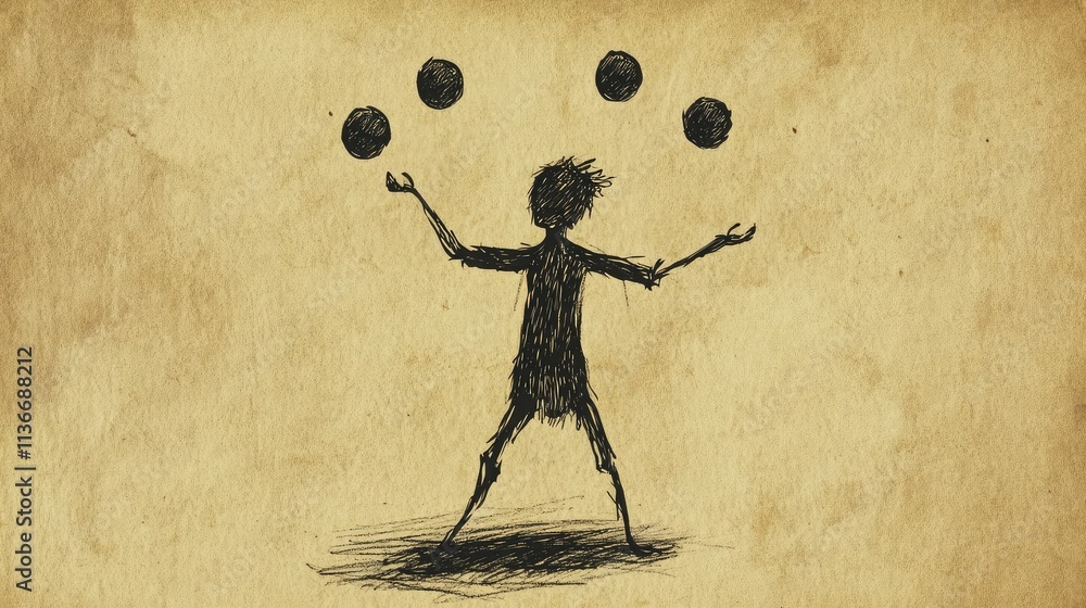Aufkleber a playful juggler balancing three spheres in a whimsical sketch style on a vintage textured backgrou