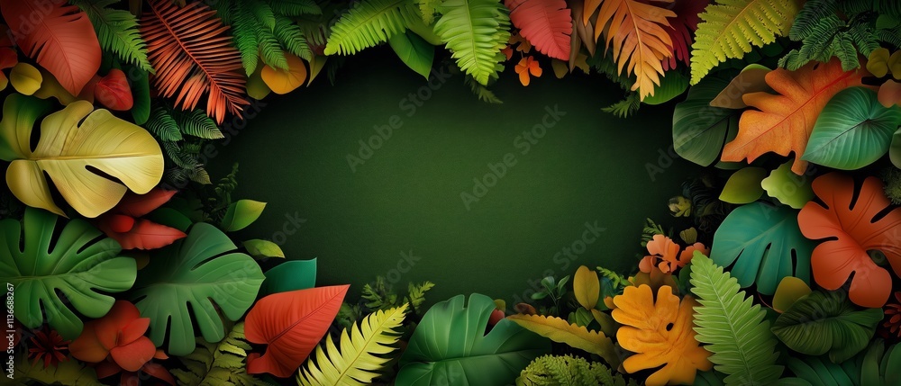 Poster green background with a leafy border of various colors. the image is of a forest with a lot of folia