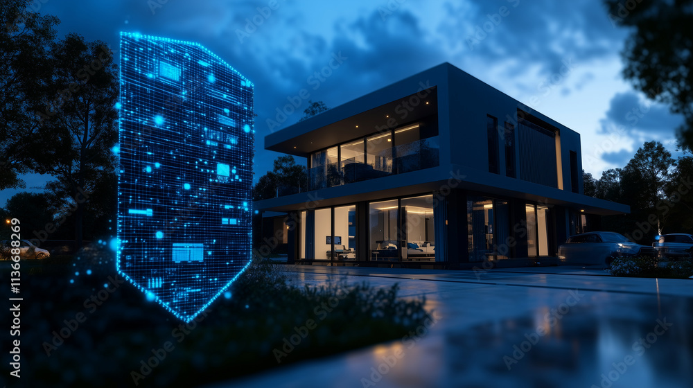 Poster a panoramic view of a smart home at dusk highlights its seamless integration of technology and comfo