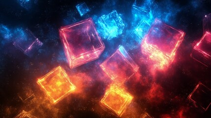 Colorful abstract geometric shapes with light effects in a cosmic background