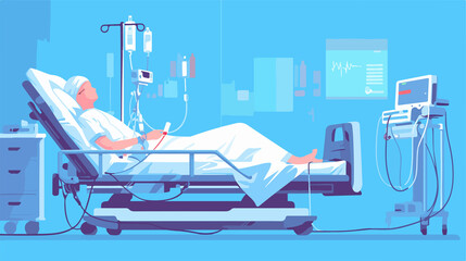 Caucasian Patient in Hospital Bed Receiving Blood Transfusion