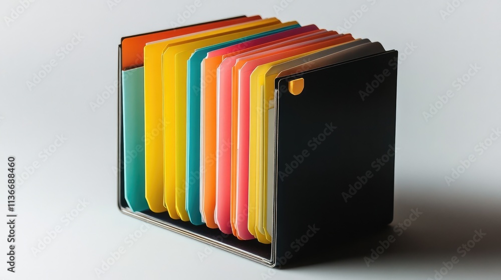 Poster a magnified view of an open document holder with colorful tabs on the side