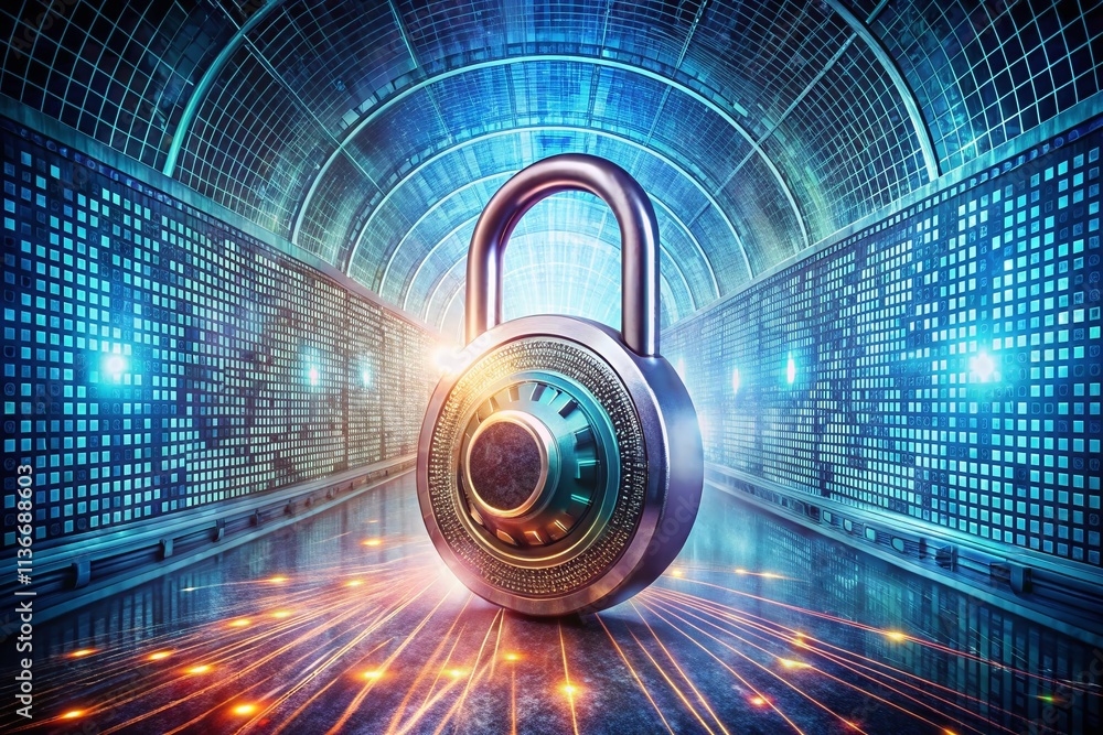 Poster vintage combination lock guarding a gateway to a luminous digital realm symbolizing cybersecurity an
