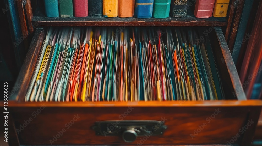 Poster a magnified view of an open file drawer with color-coded files inside