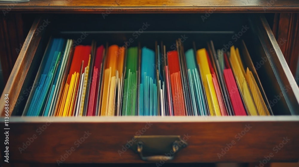 Poster a magnified view of an open file drawer with color-coded files inside