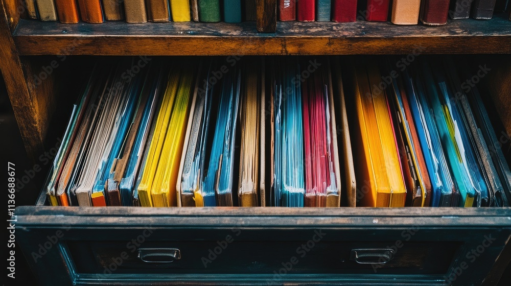 Poster a magnified view of an open file drawer with color-coded files inside
