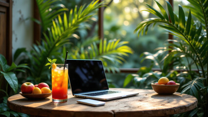 Obraz premium A laptop on a wooden desk outdoors with potted plants, fruit, and a drink, suggesting a relaxing summer work environment.