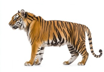 Naklejka premium A tiger's side view, standing in profile, isolated against a white background