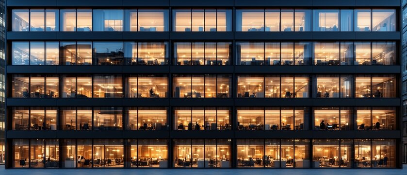 Large building with many windows and people inside. The building is lit up and he is a business or office building
