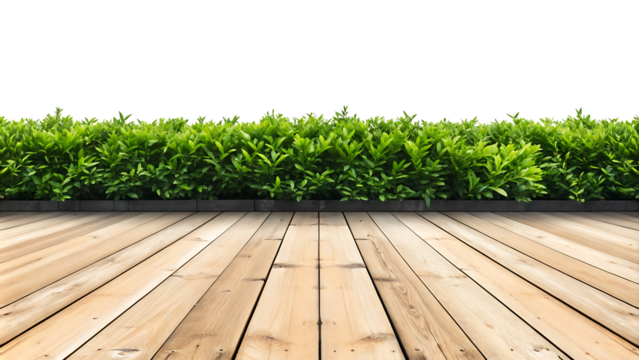 wooden floor with green bushes isolated on white background.AI GENERATED - Powered by Adobe