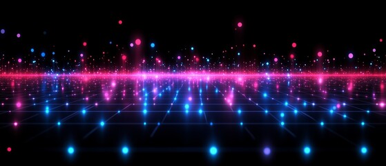 Long line of bright colored dots on a black background. The dots are in various shades of blue and pink