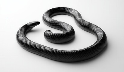 A solitary black snake depicted against a white background in a 3D illustration