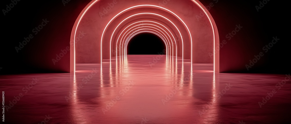 Poster long red tunnel with a light shining down on it. the tunnel is empty and the light is creating a war