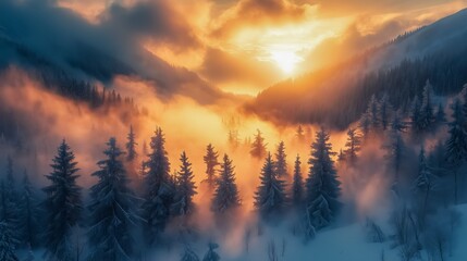 Obraz premium Misty mountain scene with a sun rising in the background. The sun is barely visible, but its light is shining through the fog. The trees are covered in snow, and the sky is a mix of blue and orange