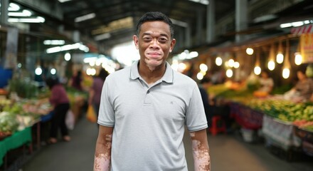 Fototapeta premium Portrait of a young asian male with vitiligo at a bustling market