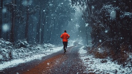 A person in an orange jacket running on a snowy road in a forest