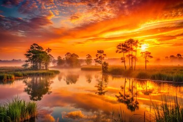 Fototapeta premium Vintage Everglades Sunrise, Brilliant Orange Sky, Retro Photo, Florida Nature, Swamp Landscape