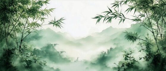 Painting of a forest with bamboo trees and mountains in the background. The mood of the painting is peaceful and serene