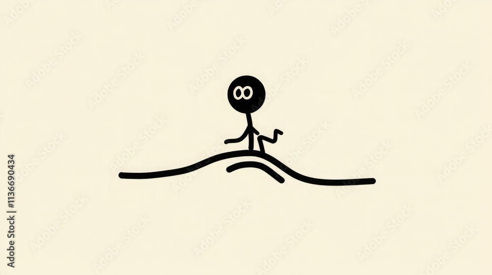 Poster minimalist drawing of a stick figure running on a wavy line against a simple light background for cr