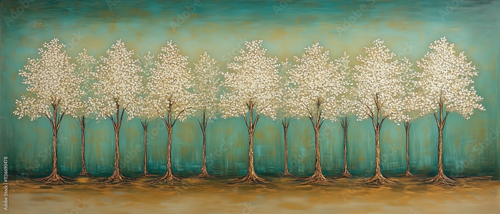 Poster painting of a row of trees with a blue background. the trees are white and are arranged in a straigh