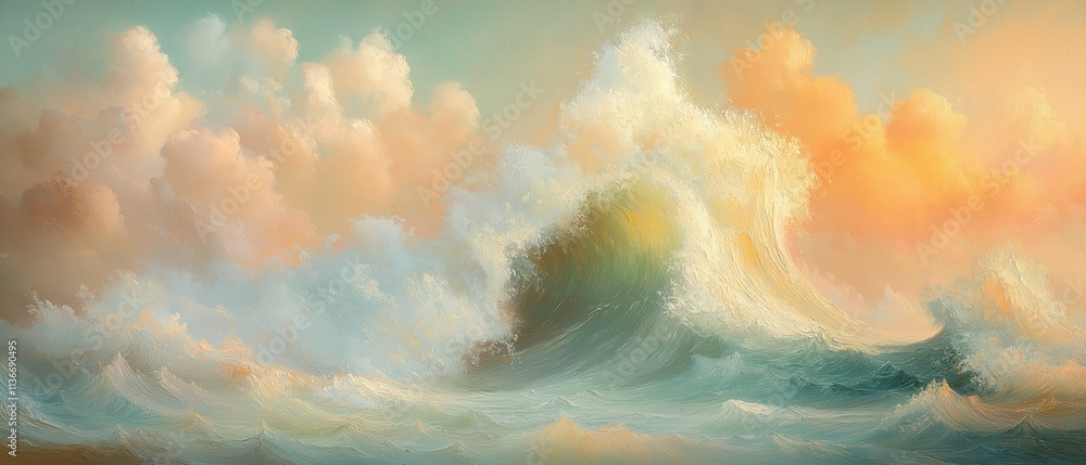 Poster painting of a wave crashing on a beach with a cloudy sky in the background. the mood of the painting